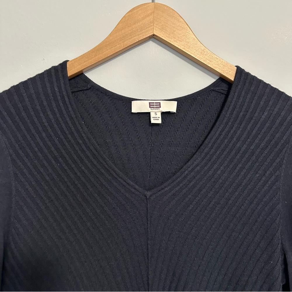 E3 by Etcetera Navy Ribbed V-Neck Tunic Sweater Silk Blend Women’s Size Small - Picture 2 of 8